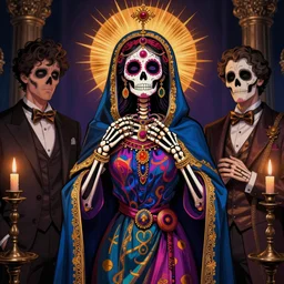 santa muerte is the female saint of death, she is a skeleton dressed in colorful robes and jewelry, wearing symbols of high society, by thomas kincaid and james jean, trending on artstation,