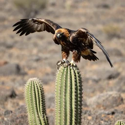 a golden eagle holding a snake on top of a cactus in a rocky field