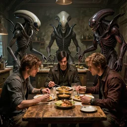 2 men eating dinner, alien autopsy, old kitchen by hr giger, greg rutkowski, luis royo and wayne barlowe as a diablo, resident evil, dark souls, bloodborne monster : : hyper realistic, ultrarealistic, realism, photoreal, 8 k : :