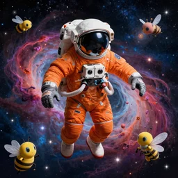 Intricate ultradetailed illustration of an orange astronaut floating in space surrounded by vibrant nebula and stars by Tomer Hanuka and Victo Ngai and beeple