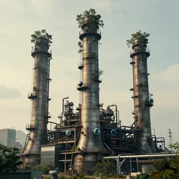beautiful extreme high - tech factory building chimneys with trees sprouting from their funnels, drone camera lens orbs, 3 point lighting, highly detailed larval stage, natural color scheme, photo still from movie by denis villeneuve