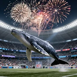 a whale, humpback whale, flying over an NFL stadium with fireworks cinematic
