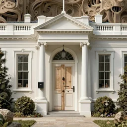 white house in zork i, boarded front door, mailbox, kitchen window ajar, flatheadia, great underground empire, highly detailed, intricate, 8 k, self - aware ai renderer