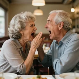 poignant portrait photo of an old couple screaming into each other's mouths, in a restaurant, nostalgia, argument