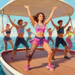 highly detailed illustration of a zumba teach de dancing on a boat, masterpiece, matte painting, rossdraws, ilvya kuvshinov, beautiful colors