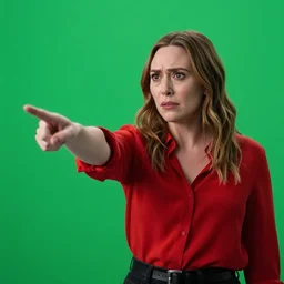 Elizabeth olsen angry and pointing with red shirt acting, in front of a green screen, cinematic shot