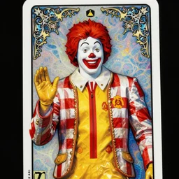 beautiful, irridescent, and refined engraved fractal tarot card featuring an ornate, realistic, and regal high key studio anaglyph portrait of Ronald McDonald