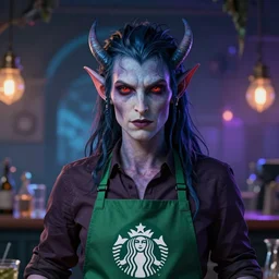 detailed character full face portrait of a green starbucks apron barista blood elf artgerm greg rutkowski mucha ross tran magical atmosphere neon colors