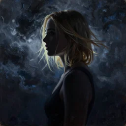 silhouette of Elle Fanning in space, stormy weather, extremely detailed masterpiece, oil on canvas, low-key neon lighting, artstation, Blade Runner 2049, Roger Deakin’s cinematography, by J. C. Leyendecker and Peter Paul Rubens,