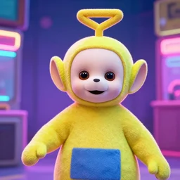 hyperrealistic film still of teletubby rave, stunning 3 d render, neon cyberpunk cinematic lighting, 8 k octane comprehensive render, extremely hyper - detailed, incredibly realistic, intricate, masterpiece