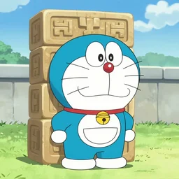 doremon as a mayan statue