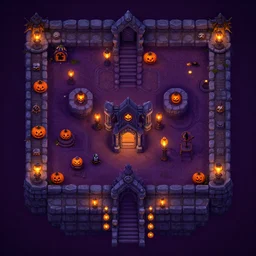 evil dungeon halloween themed isometric game level, with detailed stone, lanterns, disney, haunted mansion, toon shader, arnold maya render, artstation by miha rinne