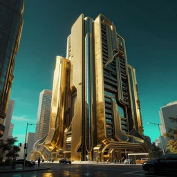 photo hyper realistic concept architecture arthouse solarpunk, style brutalism, gold and black turquoise ratio,, octane render