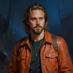 a digital portrait painting of an aaron paul bounty hunter, matte painting, hyper realistic, very detailed, dramatic scene, orange and blue colors, realistic lighting, dark fantasy, 4 k, in the style of greg rutkowski,