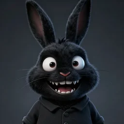 A extremely highly detailed majestic hi-res beautiful, highly detailed head and shoulders portrait of a scary terrifying, horrifying, creepy black cartoon rabbit with scary big eyes, earing a shirt laughing, hey buddy ole pal, let's be friends, in the style of Walt Disney