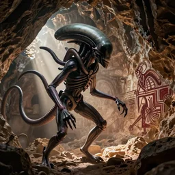 alien xenomorph in the style of HR Giger, cave painting, movie scene