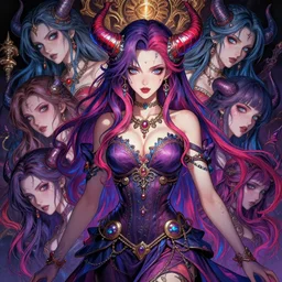 the portrait of chaotic evil fallen sensual colorful female necromancer overlord as absurdly beautiful, gorgeous, elegant, young idol, an ultrafine hyperdetailed illustration by kim jung gi, irakli nadar, detailed faces, intricate linework, bright colors, final fantasy, unreal engine 5 highly rendered, global illumination, radiant light, detailed and intricate environment