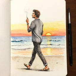 ink and brush drawing of oscar isaac walking on the beach smoking, sunset