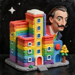 an extremely high quality hd surrealism painting of a 3 d building made of polymer clay rainbow skinner blends by dali and kandinsky on a starry black canvas, 8 k, ultra realistic