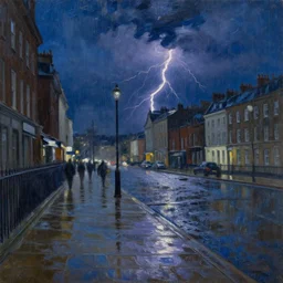 a beautiful painting of rainy victorian london by jan bogaerts and asher brown durand, brushstrokes, brushstroke - laden, featured on artstation, thunderstorm and bolts of lightning, wet concrete, puddles of water, dramatic composition, dark night, dark blue hue