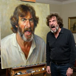 old bob ross is sad and angry and yelling at a huge painting by bob ross, 8 k