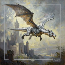 an oil painting, silver dragon flying over a castle, mtg, wayne reynolds style, side view, allosaurus with wings, god rays, on innistrad, hellkite tyrant