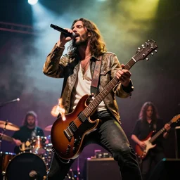 Jesus Christ in a rock band, singing on stage, dynamic lighting, dynamic pose