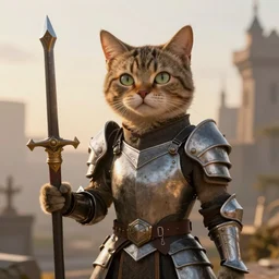 cool looking anthrophomorphic cat in armor, sheathed weapon, fantasy, unreal engine, realistic, golden hour, depth of field, cinematic lighting, 8 k