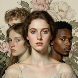 portrait study, woman with floral background : : beauty fashion editorial : : by nychos, artgerm, tom bagshaw, giuseppe arcimboldo, android jones : : portrait, illustration, photorealism, hyperrealism, hyper - maximalist, surrealism, negative space, gestalts, intricate detail, line work, muted, natural tones