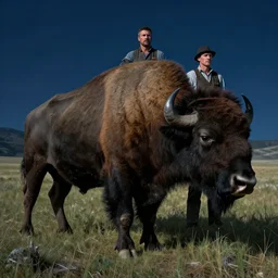 incredible modern evocative sentimental artwork of buffalo hunters, buffalo emotion midnight in the style of tim walker fashion photography, buffalos hunting hunters, larger than life