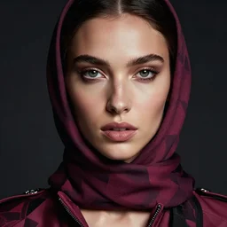 dreamy detailed portrait in femininity, realistic face sculpted features, ethnic, exotic, deep clear eyes, statuesque, gazelle - like, flight suit and scarf, cinematic lighting, chiaroscuro, radiant, smooth skin tones, contrasting highlights, berry color palette, angular impressionism, contemporary modern fashion, deep rich hues, dark oil