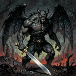 Print. a large, muscular demon-like creature with wings, standing in a dark, hellish landscape. The creature has red eyes and sharp teeth, and is holding a large sword in one hand. Eraserhead by Norman Lindsay, by David Wiesner eclectic