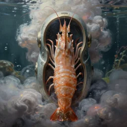 ultra realist and ultra intricate detailed soft painting of a shrimp, from the waist up, sci-fi helmet, (symmetry features), sensual gloomy style, volumetric clouds, aquarium background, artstation, unreal render, depth of field