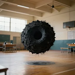 a black hole floating in a school gym. 8k resolution photograph, national geographic footage.