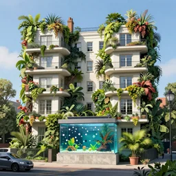 giant overgrown london apartment edward hopper exotic vegetation, a big aquarium, polka dot, attack on titan by francis bacon, surreal, norman rockwell and james jean, by greg rutkowski, tristan eaton, victo ngai, vibrant triadic color scheme orange and turquoise and pink and purple, a still from the film alien, beksinski, hyper