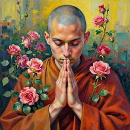 praying monk overgrown with roses by james jean, masterpiece, very detailed, realistic eyes, abstract, vivid, aesthetic