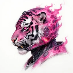 profile portrait, helmet tiger cyberpunk made of pink lava and fire design by greg rutkowski detailed, character design sketch, high detail, sharp focus, sketch line art for character design