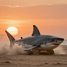 telephoto movie, paul walker surfs on a great white shark, racing, sand kicking up, sunset, orange, desert, sunset, wind and dust blowing, movie ending, michael bay movie