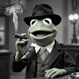 Kermit the Frog dressed as a mobster, smoking a cigar, wearing a fedora hat, cinematic, ultra wide lens, black and white photography, 8k