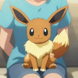 eevee sitting in its pokemon trainer's lap, realistic, pokemon - c 1 5