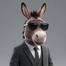 3D render of a donkey character in a suit and wearing cool sunglasses, gray background, amazing detail, artstation, octane render