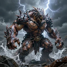 high resolution photo of a fighting muscular sand creature reptilian god, rocks, watersplash, tree roots, veins, lightning, dark clouds, big muscles, sweat, slime, troll, gills, dragonlike, grown together, overgrown, electronic wires, god rays, dark, skin, plastic wrap,