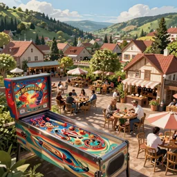 restaurant festival in a small town, in the style of the comet pinball machine, python anghelo,