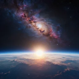 beautiful sci fi planet from the horizon, nebula in the background, concept art trending on artstation, volumetric lighting, 8k