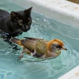 a kiwi bird swimming in a pool together with a black cat, high quality