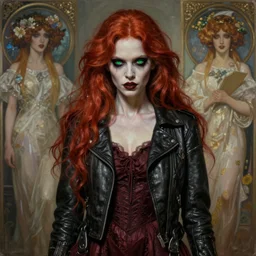 portrait painting of a devious pale woman with green eyes and long red hair wearing a badass leather jacket and a dress, ultra realistic, concept art, intricate details, eerie, highly detailed, photorealistic, octane render, 8 k, unreal engine. art by artgerm and greg rutkowski and charlie bowater and magali villeneuve and alphonse mucha