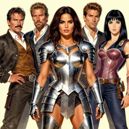 muscular beautiful salma hayek wearing metal armor  tombow artwork greg staples , dug stanat,  norman rockwell , christophe young eytan zana , rumiko takahashi ,
