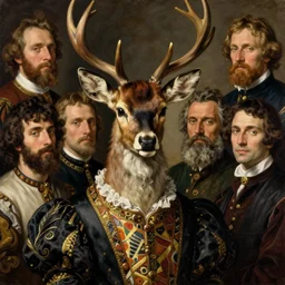 a portrait of a human body with deer head and deer fur and human eyes wearing aristocratic clothes, titian, sam spratt, maxfield parrish, gustav klimt, tom bagshaw, mark ryden, alphonse mucha, rembrandt, high quality, painting, oil