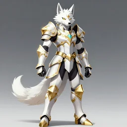 albino anthro wolf wearing white and gold magical fantasy armor. breastplate, gauntlets, pants, greaves, fursona, anthro, anime key visual, detailed armor, makoto shinkai, portrait