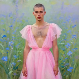 a portrait of a beautiful genderqueer manly dude with short hair and a bare chest, hairy chest, hairy arms, but wearing a dress ; painting by antoine blanchard and charles camoin, digital painting, faded color disposition, vibrant neon pastel, pink dress, field of blue flowers, magical, aesthetic, lgbtqia +